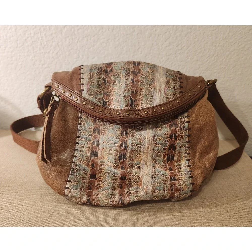 The Sak Deena Flap Foldover Brown Leather Crossbody Bag with Studs Feather Print